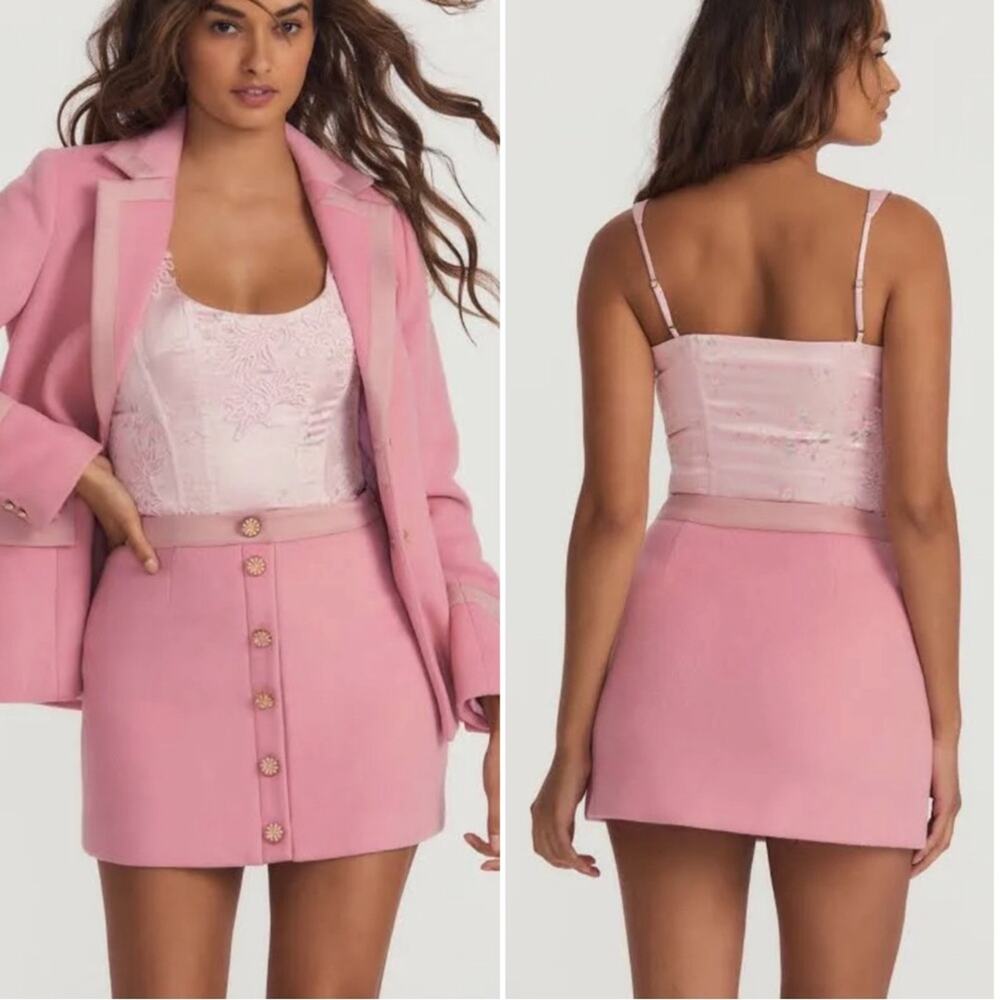 LOVESHACKFANCY Valenta Wool Blend Button Front Powder Pink Mini Skirt Sz 10